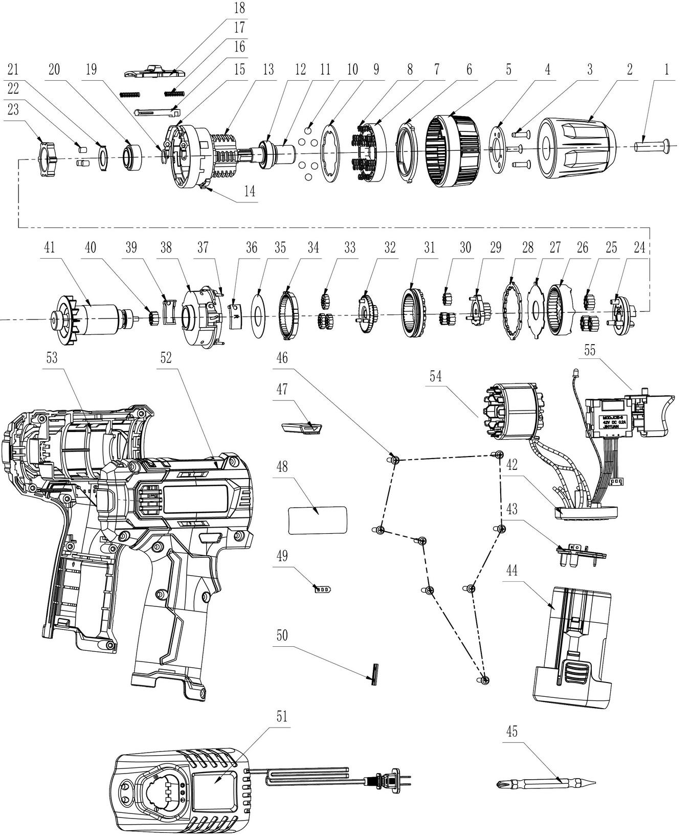 Дрель-шуруповерт аккумуляторная бесщеточная KDJZ23-10 (TYPE EK) - разборная схема