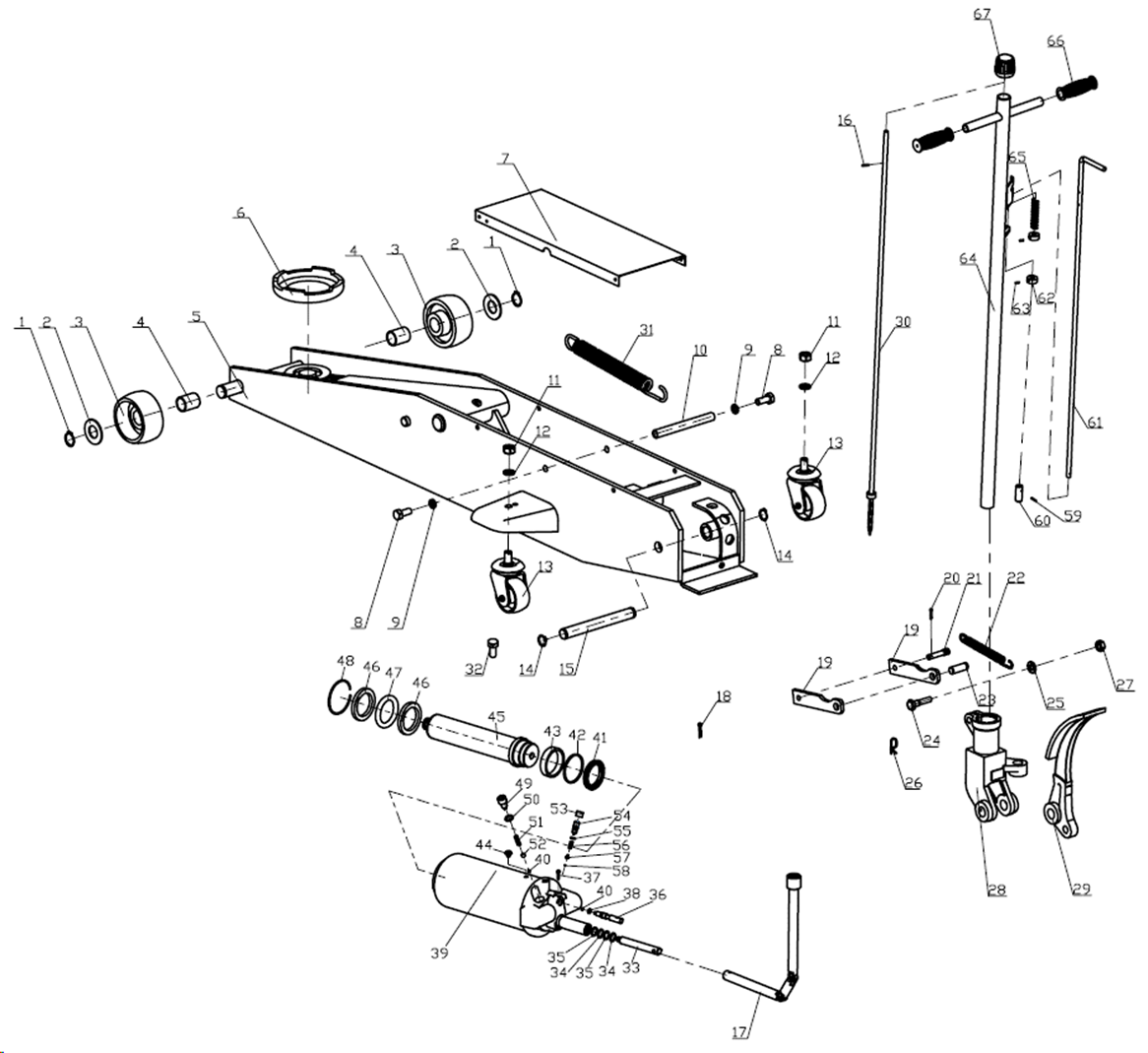 ЗУБР Т-77, 3 т, 192 - 533 мм, подкатной домкрат с высоким подъемом в кейсе, Профессионал (43055-3-K) - разборная схема