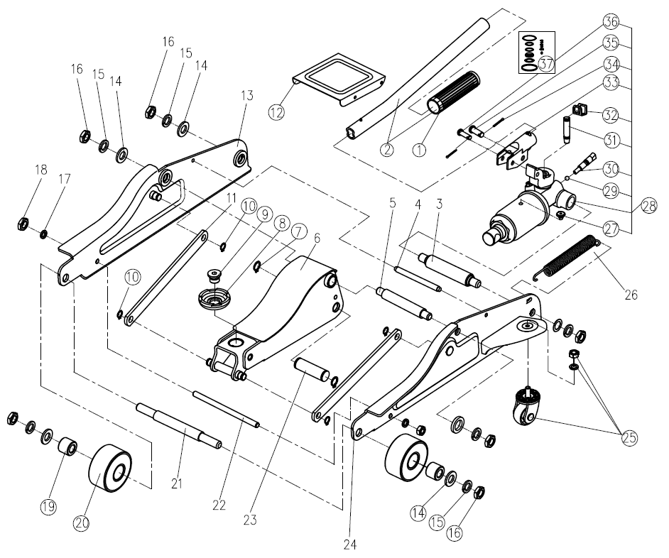 ЗУБР Т-65, 2.5 т, 90 - 360 мм, подкатной домкрат с низким подхватом и поворотной ручкой, Профессионал (43057-2.5) - посмотреть вариант разборной схемы