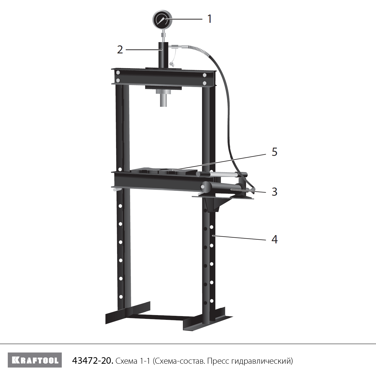 KRAFTOOL PMP-20, 20 т, гидравлический пресс с гидронасосом и манометром (43472-20) - разборная схема
