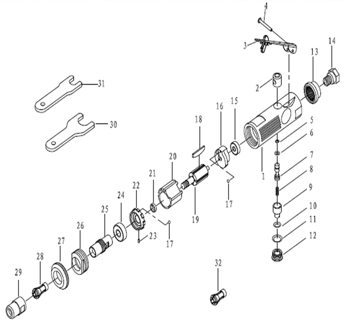 ЗУБР прямая цанговая пневмошлифмашина, ПРОФЕССИОНАЛ (64330) - посмотреть вариант разборной схемы