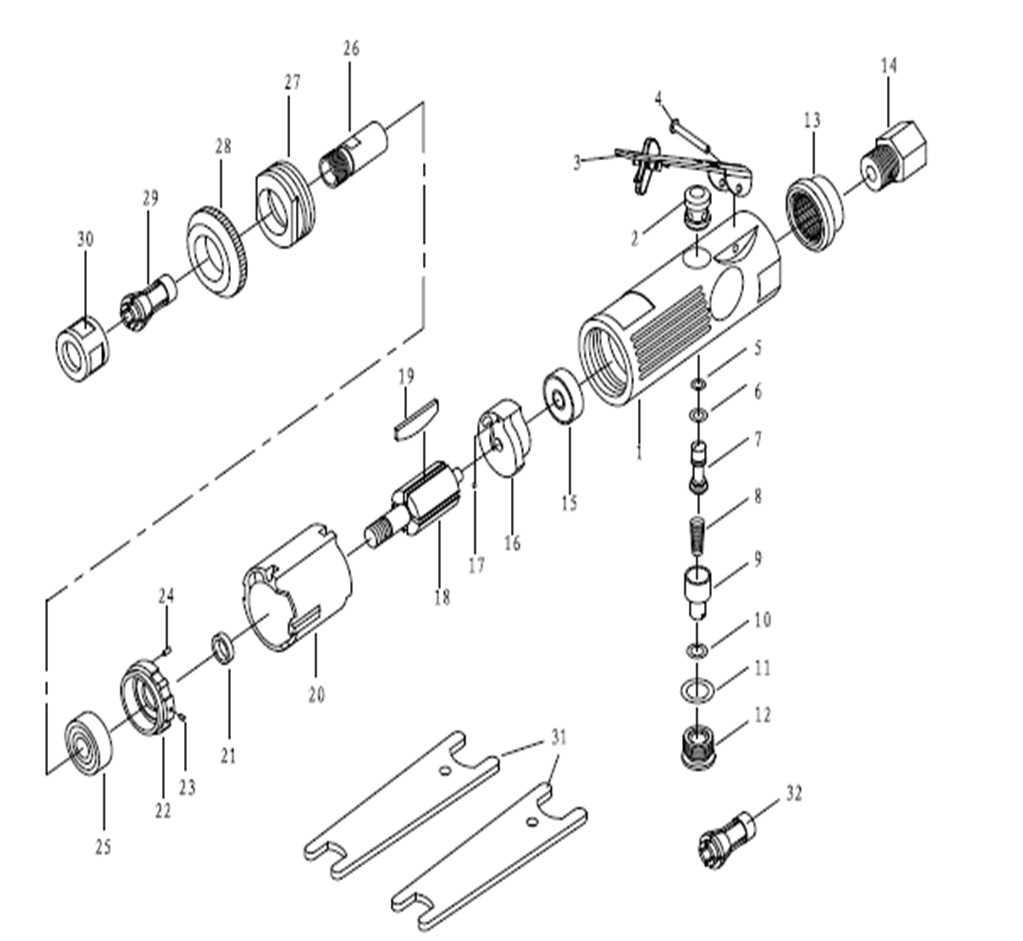 ЗУБР набор в кейсе: прямая цанговая пневмошлифмашина, 10 шарошек и оснастка, ПРОФЕССИОНАЛ (64333-H) - разборная схема