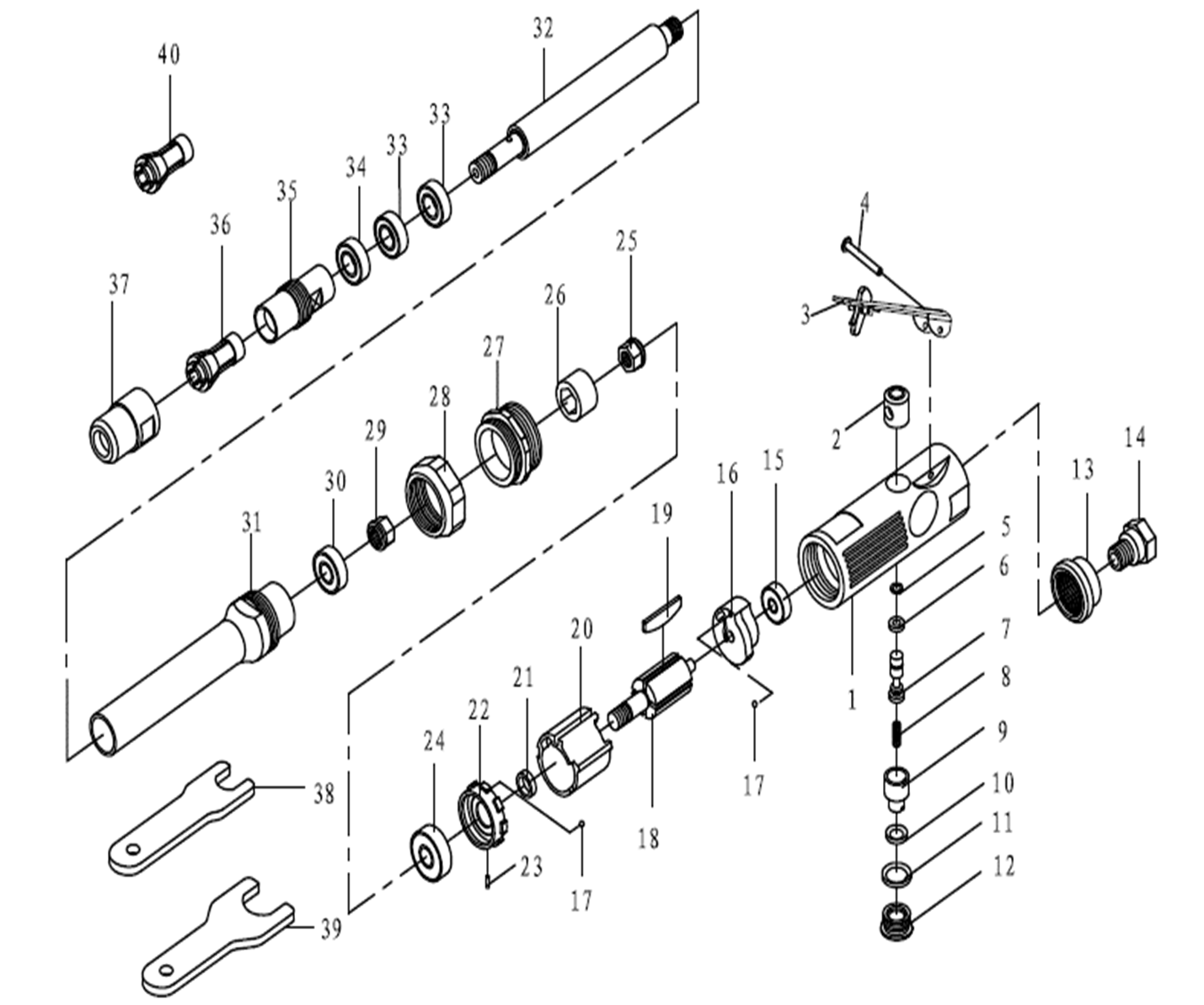 ЗУБР прямая удлиненная цанговая пневмошлифмашина, ПРОФЕССИОНАЛ (64335) - разборная схема