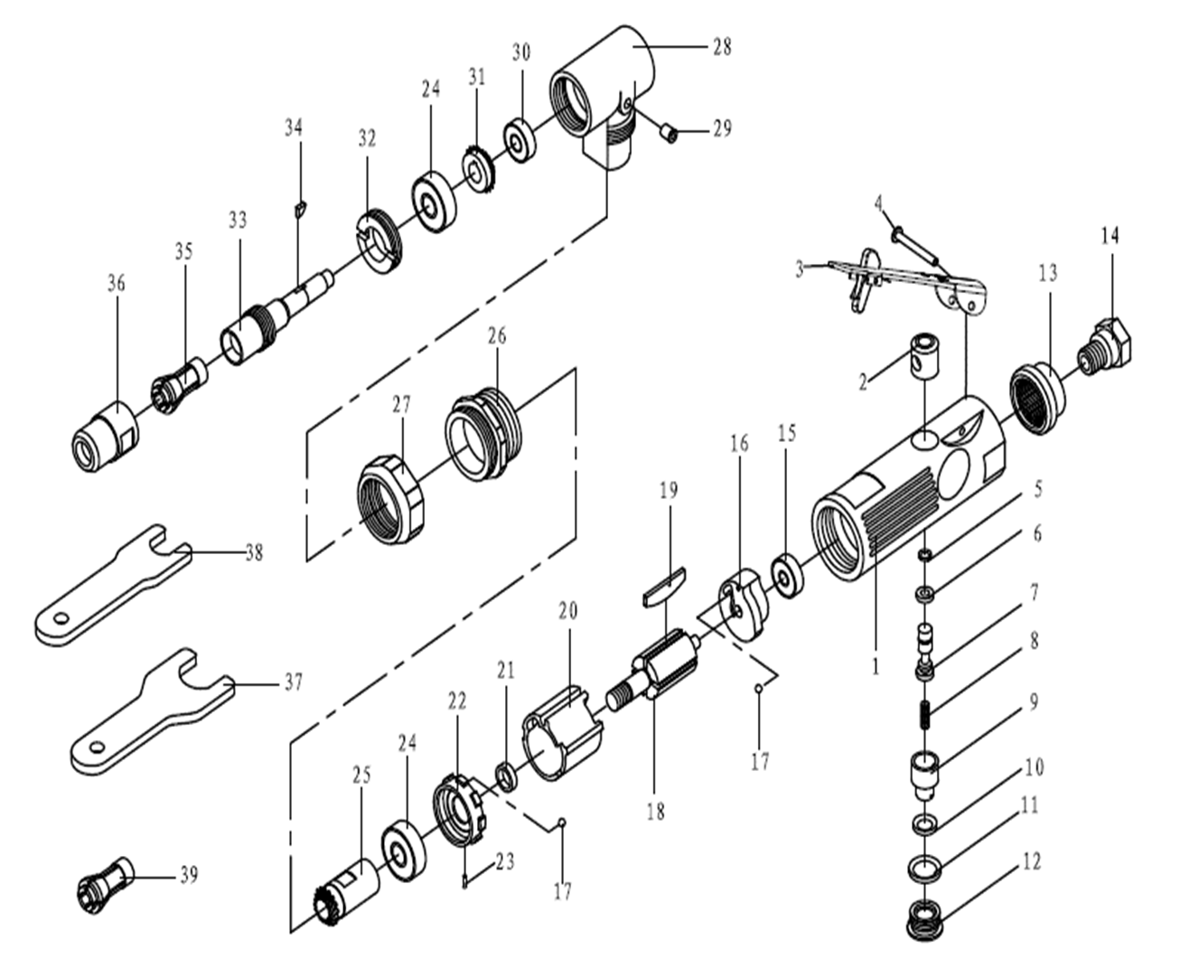 ЗУБР угловая цанговая пневмошлифмашина, ПРОФЕССИОНАЛ (64337) - посмотреть вариант разборной схемы