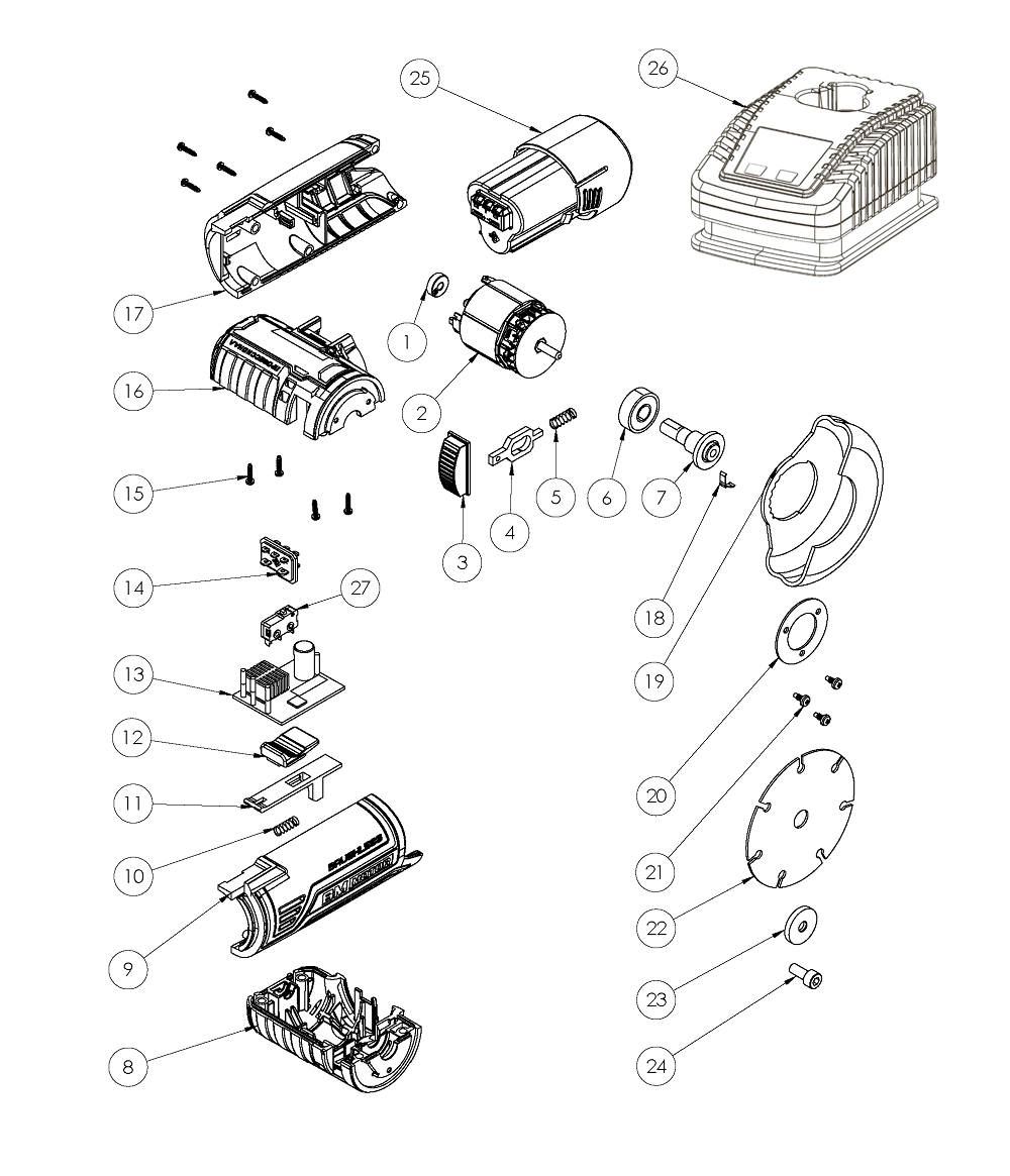 ЗУБР 12 В, d76 мм, 2 АКБ тип Т7 (2 А·ч), бесщеточная УШМ, сумка, Профессионал (AB-76-22) - разборная схема