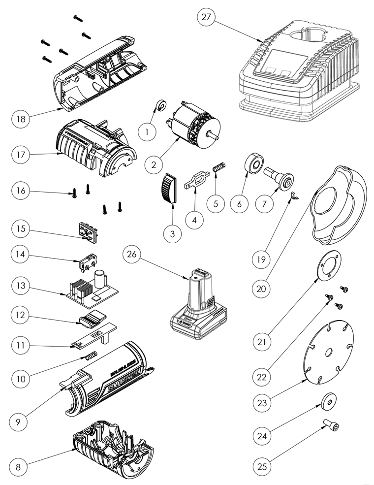ЗУБР 12 В, D76 мм, 2 АКБ тип Т7 (4 А·ч), бесщеточная УШМ, сумка, Профессионал (AB-76-42) - разборная схема