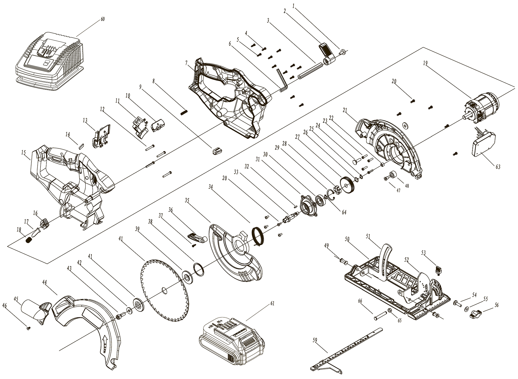 ЗУБР Т7, 20 В, d190 мм, без АКБ, бесщеточная пила циркулярная, Профессионал (CPB-190) - посмотреть вариант разборной схемы