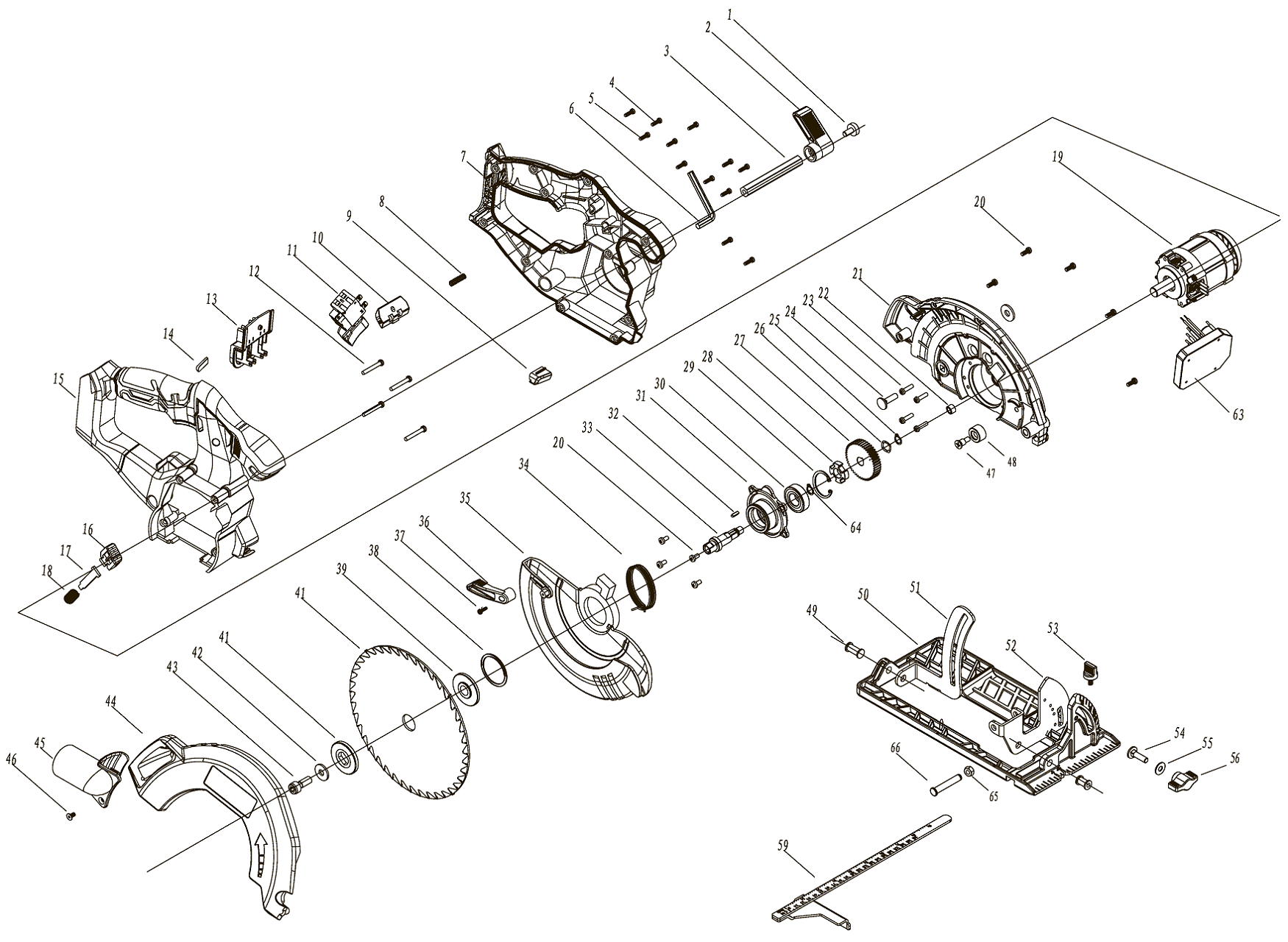 ЗУБР Т7, 20 В, d190 мм, без АКБ, бесщеточная пила циркулярная, Профессионал (CPB-190) - посмотреть вариант разборной схемы