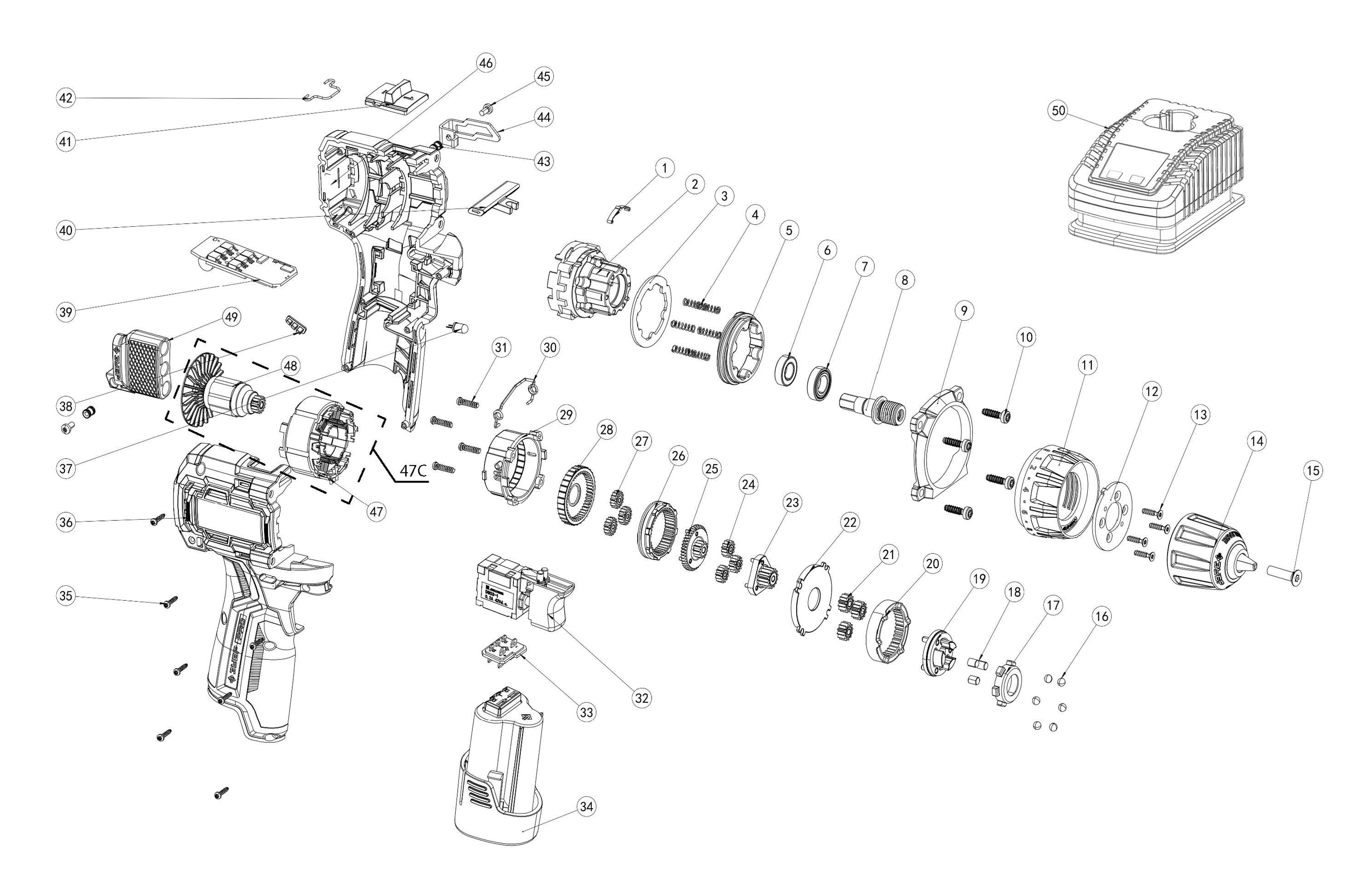 ЗУБР КОМБИ #3, 12 В, 45 Н·м, 2 АКБ тип Т7 (2 А·ч), модульная дрель-шуруповерт, BRUSHLESS, кейс, Профессионал (DB-125-22) - разборная схема