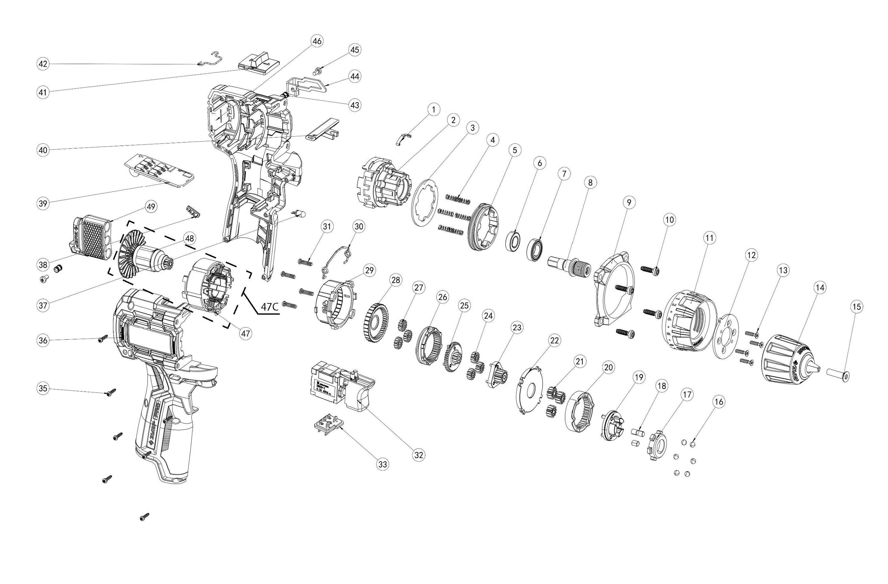 ЗУБР КОМБИ #1, 12 В, 45 Н·м, без АКБ (тип Т7), модульная дрель-шуруповерт, BRUSHLESS, Профессионал (DB-125) - посмотреть вариант разборной схемы