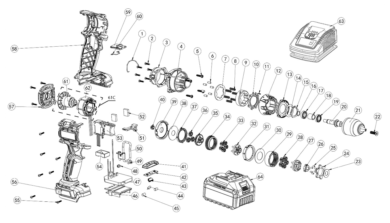ЗУБР 20 В, 70 Н·м, 2 АКБ LMS (2 А·ч), бесщеточная дрель-шуруповерт, кейс, ПРОФЕССИОНАЛ (DB-70-22) - разборная схема