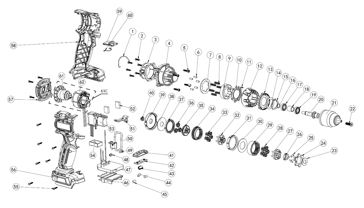 ЗУБР 20 В, 70 Н·м, без АКБ (LMS), бесщеточная дрель-шуруповерт, ПРОФЕССИОНАЛ (DB-70) - посмотреть вариант разборной схемы