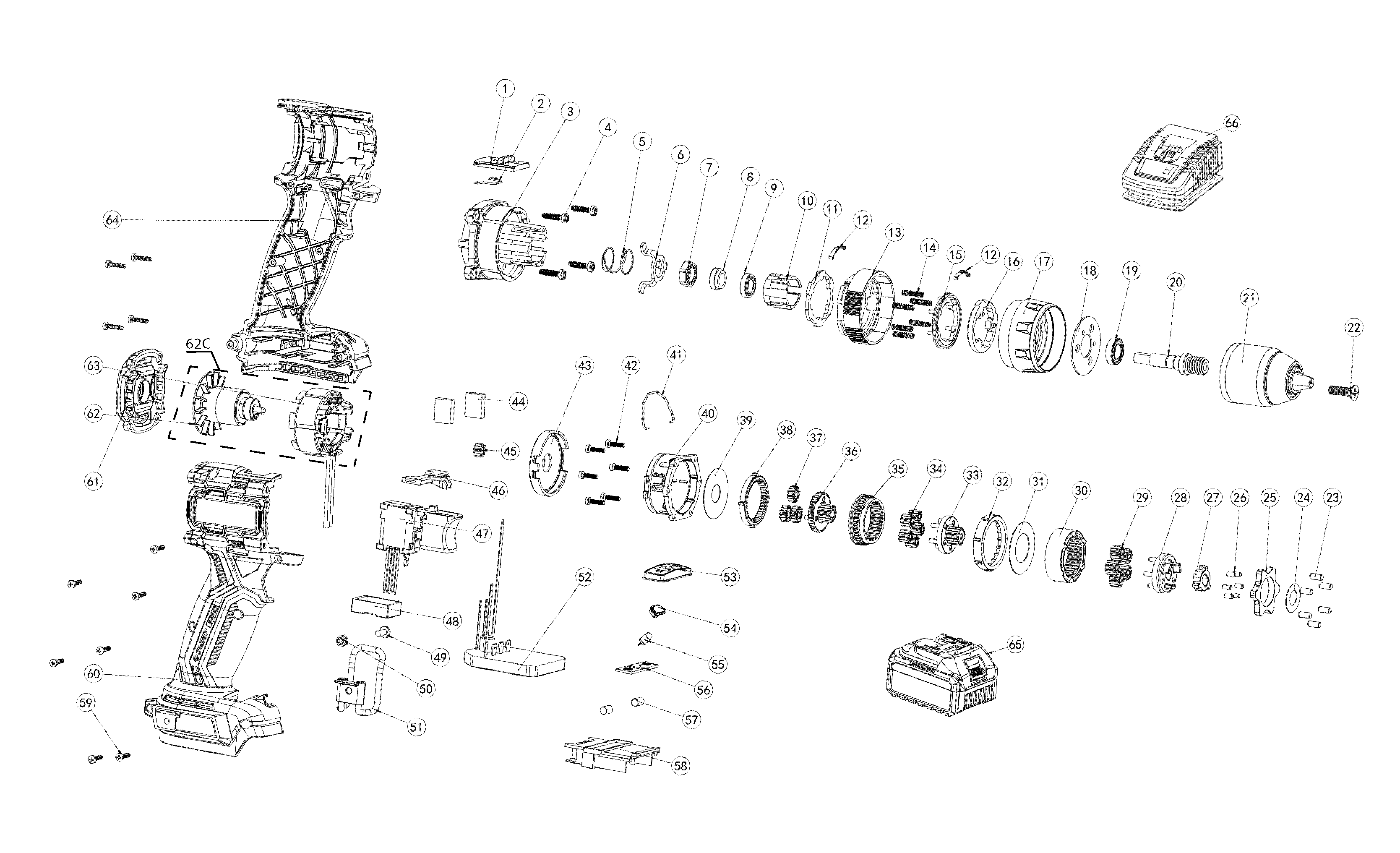 ЗУБР 20 В, 70 Н·м, 2 АКБ LMS (4 А·ч), бесщеточная ударная дрель-шуруповерт, кейс, ПРОФЕССИОНАЛ (DBS-70-42) - разборная схема