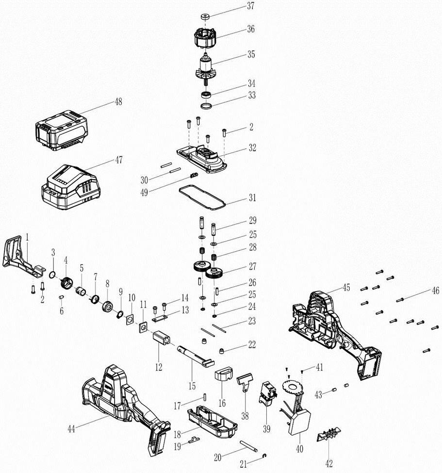 Аккумуляторная сабельная пила DongCheng DCJF22(TYPE EM), 20 В, 22 мм, 2 акб 4 Ач, зу 4 А - разборная схема
