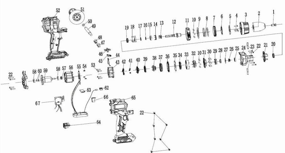 Аккумуляторная ударная дрель-шуруповерт DongCheng DCJZ03-13(TYPE Z), 20 В, 120 Нм, без акб и зу - разборная схема
