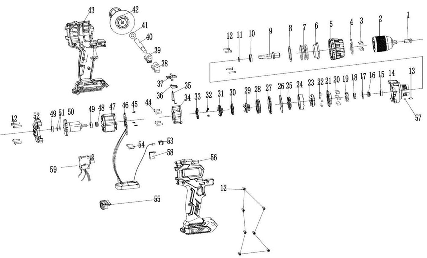 Аккумуляторная дрель-шуруповерт DongCheng DCJZ06-13(TYPE FK), 20 В, 120 Нм, 2 акб 5 Ач, зу 4 А - разборная схема