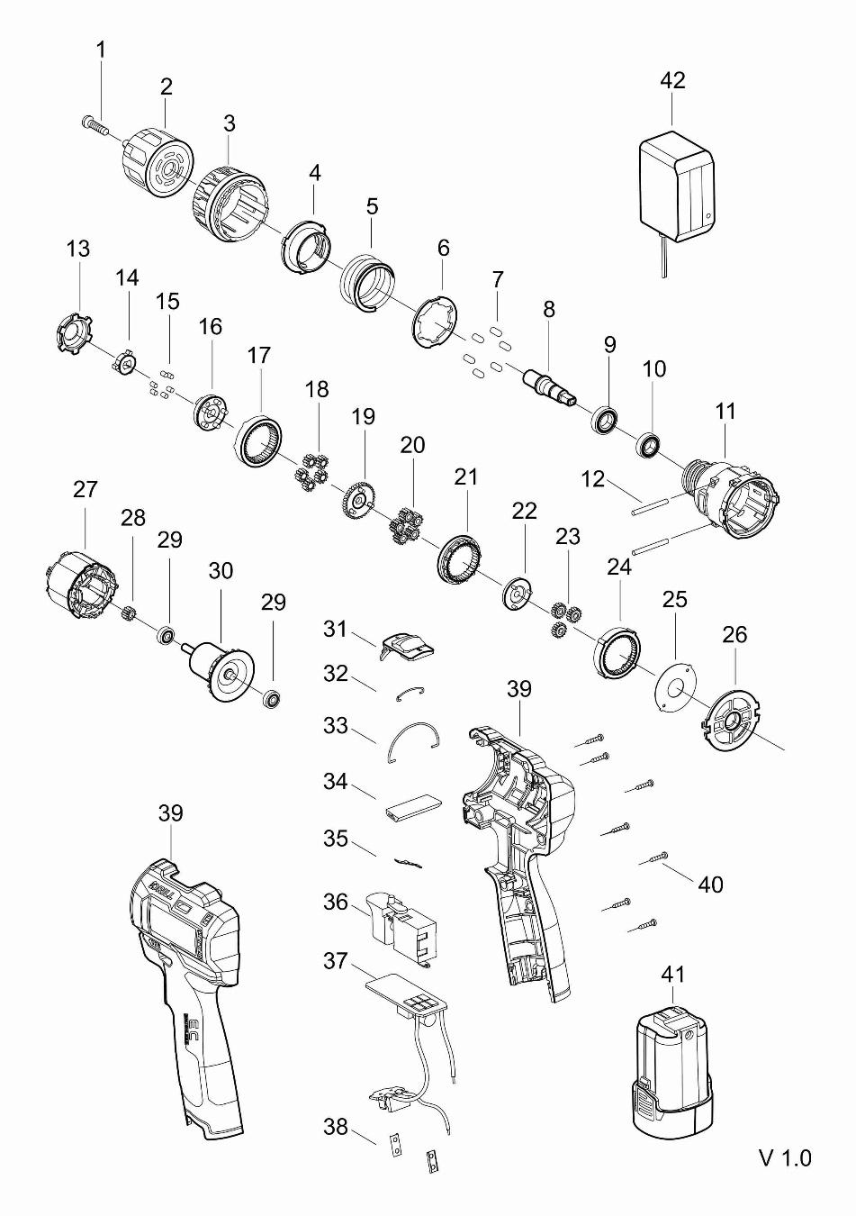 Аккумуляторная дрель-шуруповерт DongCheng DCJZ1604(TYPE E), 16 В, 40 Нм, 2 акб 2 Ач, зу 2 А - разборная схема