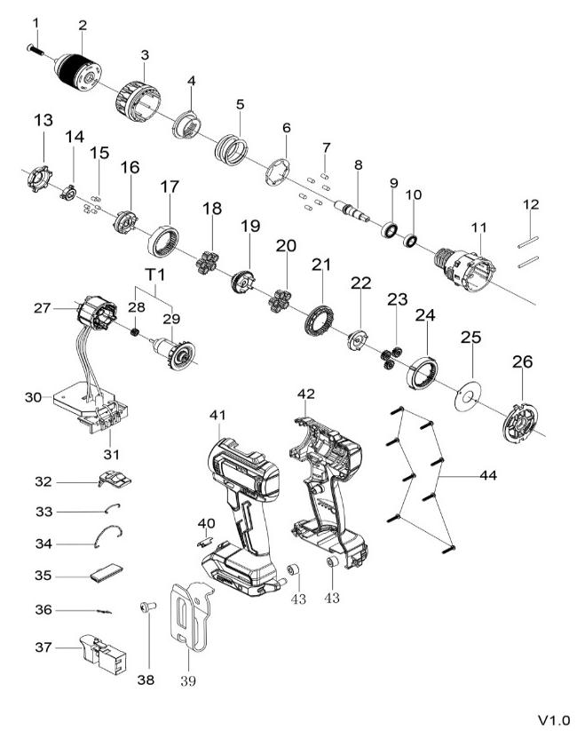 Аккумуляторная дрель-шуруповерт DongCheng DCJZ2040(TYPE Z), 20 В, 45 Нм, без акб и зу - разборная схема