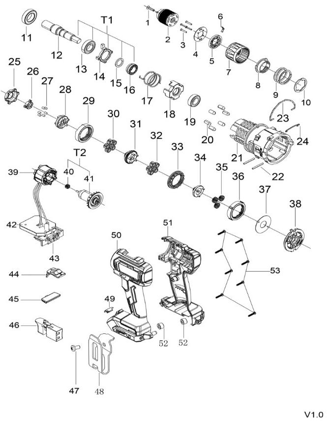 Аккумуляторная ударная дрель-шуруповерт DongCheng DCJZ2040i13(TYPE AM), 20 В, 45 Нм, 2 акб 2 Ач, зу 2 А - разборная схема