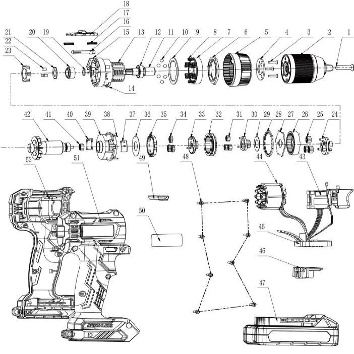 Аккумуляторная дрель-шуруповерт DongCheng DCJZ2050 (TYPE Z), 20 В, 50 Нм, без акб и зу - разборная схема