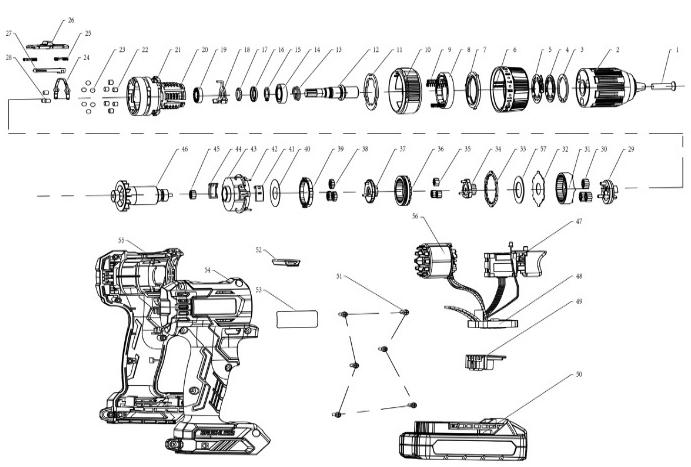 Аккумуляторная ударная дрель-шуруповерт DongCheng DCJZ2050i(TYPE DM), 20 В, 50 Нм, 1 акб 2 Ач, зу 2 А - разборная схема