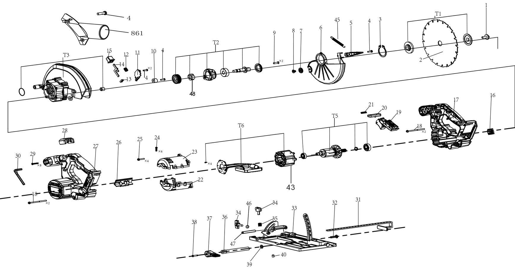 Аккумуляторная циркулярная пила DongCheng DCMY02-185(TYPE DM), 20 В, 185 мм, 1 акб 4Ач, зу 2 А - разборная схема
