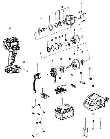 Аккумуляторный ударный гайковерт DongCheng DCPB02-18M(TYPE Z), 20 В, 320 Нм, без акб и зу - разборная схема