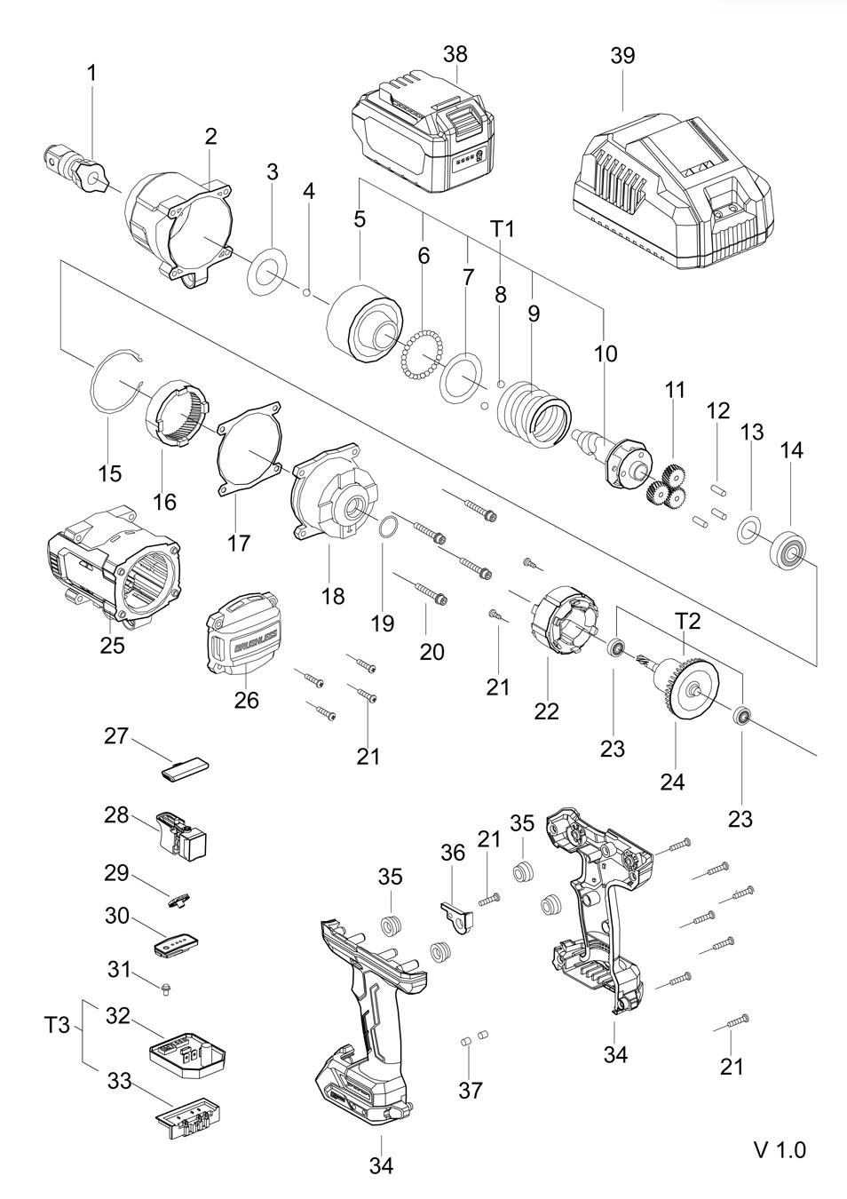 Аккумуляторный ударный гайковерт DongCheng DCPB1288(TYPE Z), 20 В, 1288 Нм, без акб и зу - разборная схема
