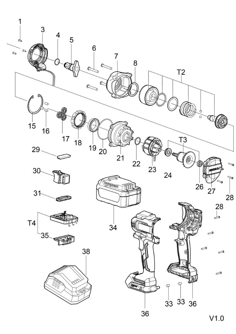 Аккумуляторный ударный гайковерт DongCheng DCPB598(TYPE Z), 20 В, 598 Нм, без акб и зу - разборная схема