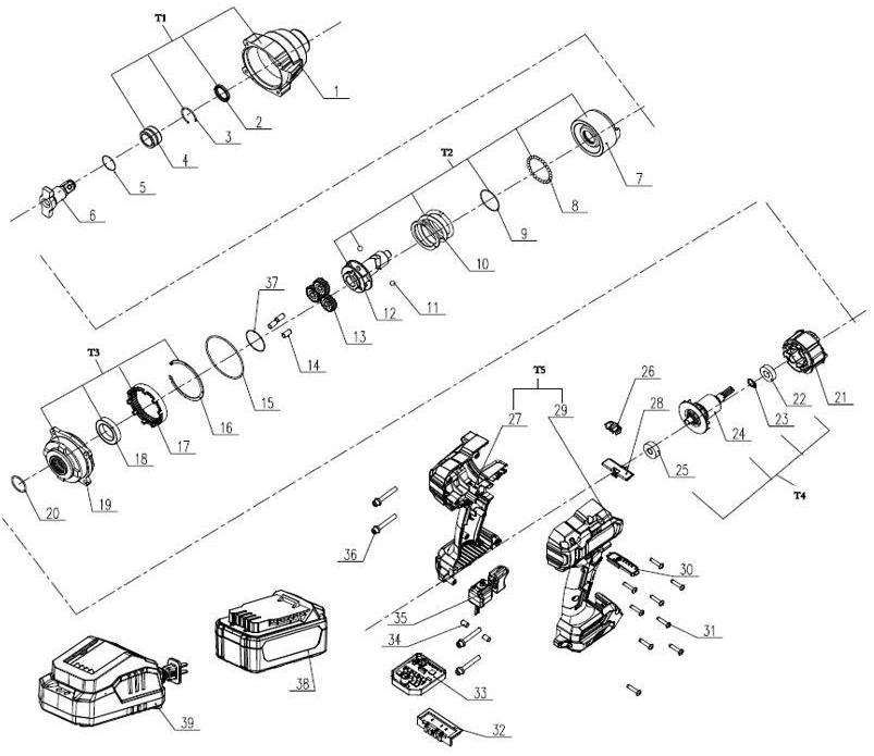 Аккумуляторный ударный гайковерт DongCheng DCPB698(TYPE Z), 20 В, 698 Нм, без акб и зу - разборная схема