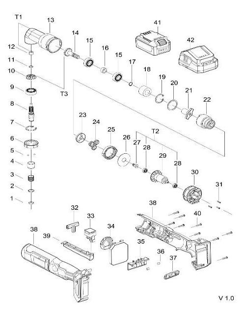 Аккумуляторный угловой ударный гайковерт DongCheng DCPL05-8(TYPE Z), 20 В, 80 Нм, без акб и зу - разборная схема