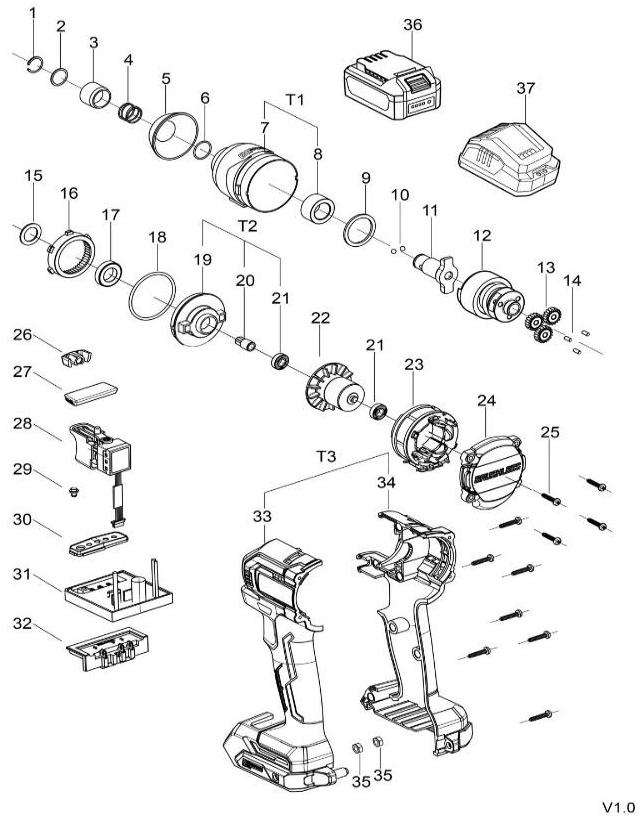 Аккумуляторный ударный гайковерт DongCheng DCPL165(TYPE ADM), 20 В, 165 Нм, 1 акб 2 Ач, зу 2 А - разборная схема