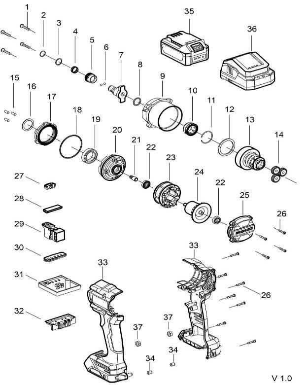 Аккумуляторный ударный гайковерт DongCheng DCPL198(TYPE Z), 20 В, 198 Нм, без акб и зу - разборная схема