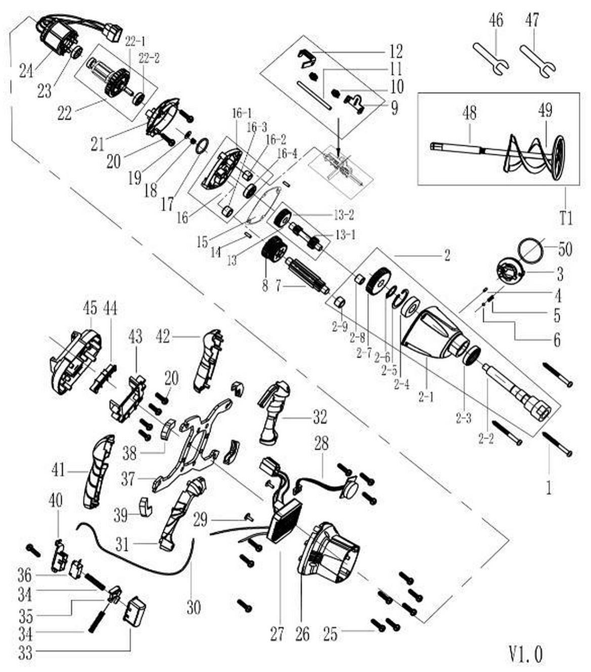 Аккумуляторный миксер DongCheng DCQU160(TYPE Z), 20В, без акб и зу - разборная схема