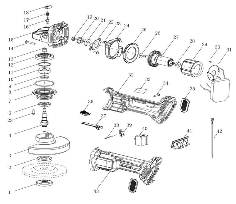Аккумуляторная угловая шлифовальная машина DongCheng DCSM03-125(TYPE Z), 20 В, 125 мм, без акб и зу - разборная схема