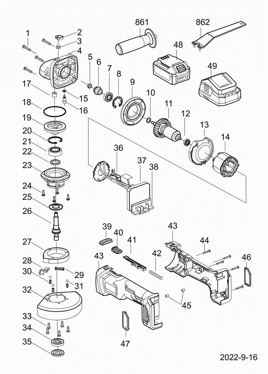 Аккумуляторная угловая шлифовальная машина DongCheng DCSM04-125(TYPE Z), 20 В, 125 мм, без акб и зу, регулировка скорости - разборная схема