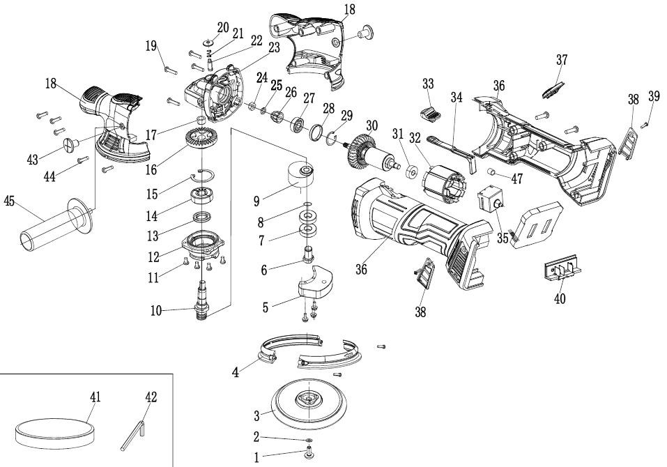 Аккумуляторная полировальная машина DongCheng DCSP150 (TYPE Z), 20 В, 150 мм, без акб и зу - разборная схема