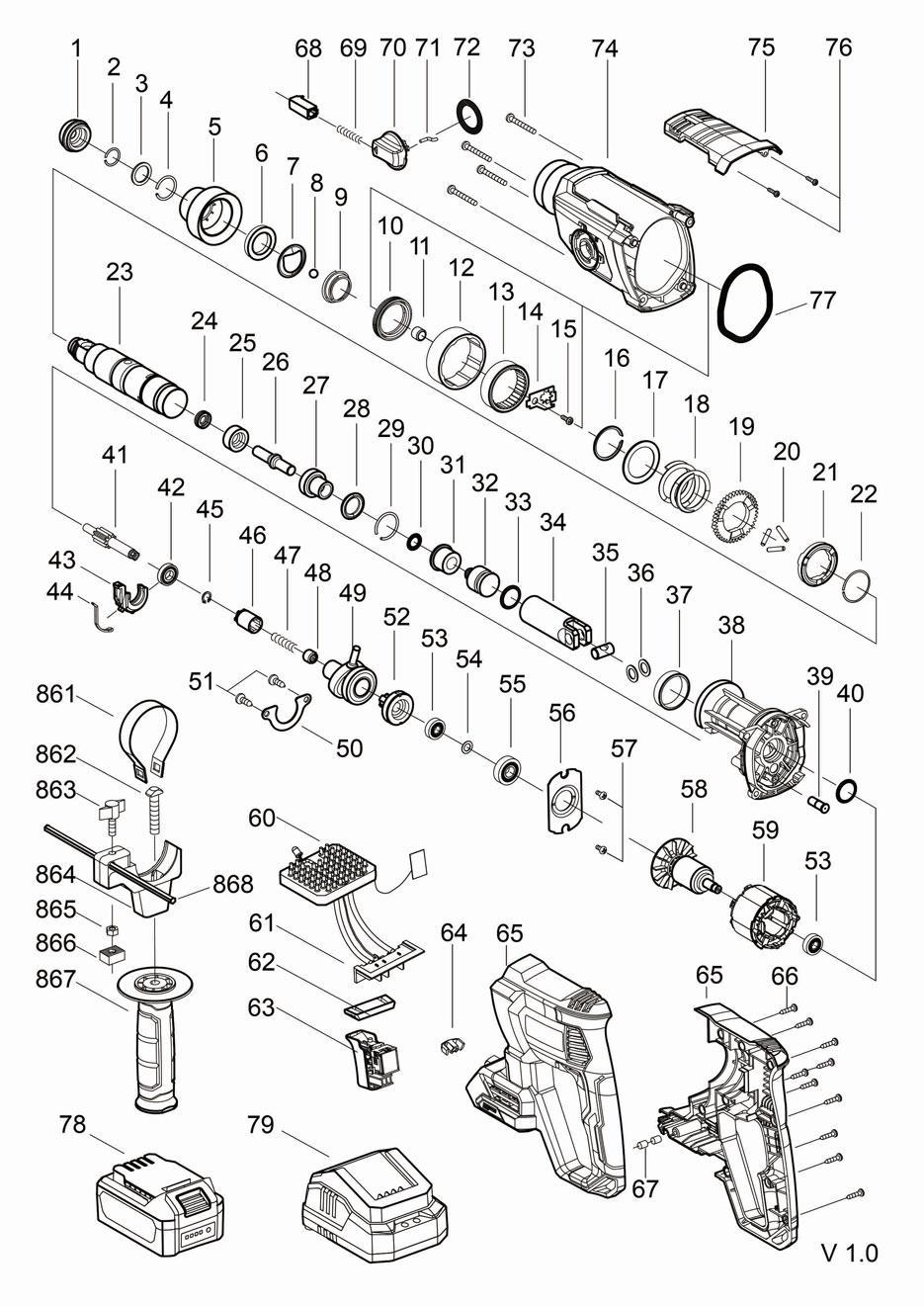 Аккумуляторный перфоратор DongCheng DCZC02-26(TYPE Z), 20 В, 3.1 Дж, без акб и зу - разборная схема
