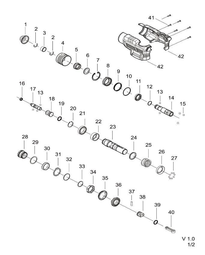 Аккумуляторный перфоратор DongCheng DCZC02-28(TYPE H2K),20 В, 3.5 Дж, SDS-Plus, 2 акб 6 Ач и зу 4 А - разборная схема