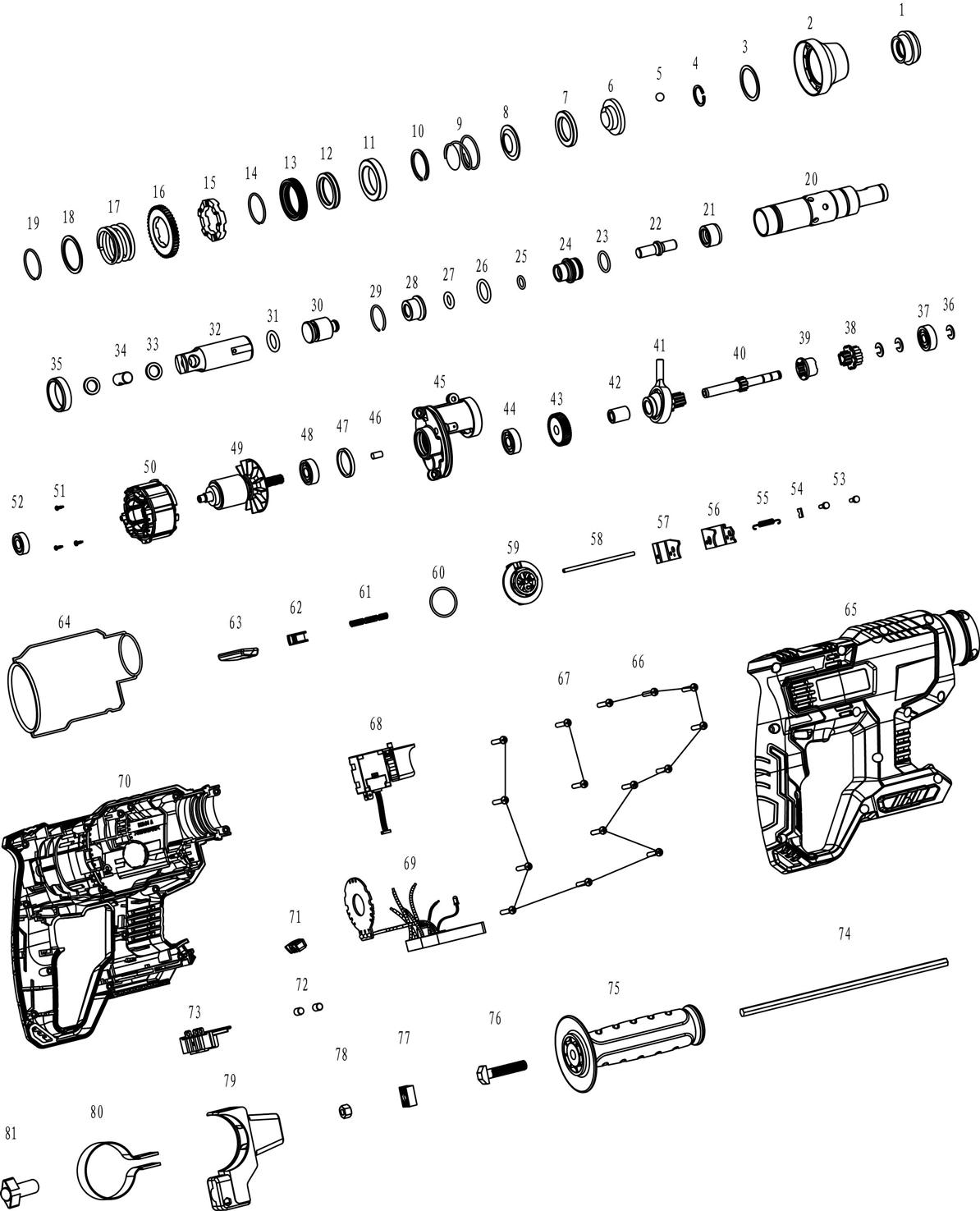 Аккумуляторный перфоратор DongCheng DCZC22(TYPE Z), 20 В, 2,1 Дж, без акб и зу - разборная схема