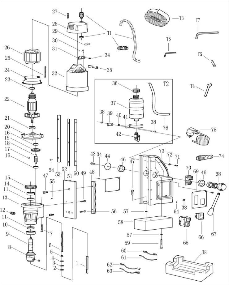 Магнитный сверлильный станок DongCheng DJC30B, 900 Вт - разборная схема