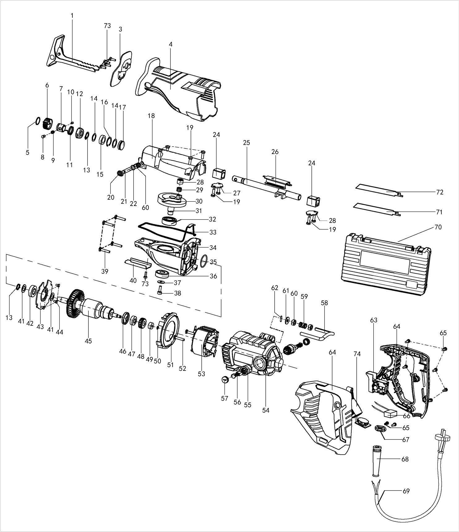 Сабельная пила DongCheng DJF02-30, 1300 Вт - разборная схема