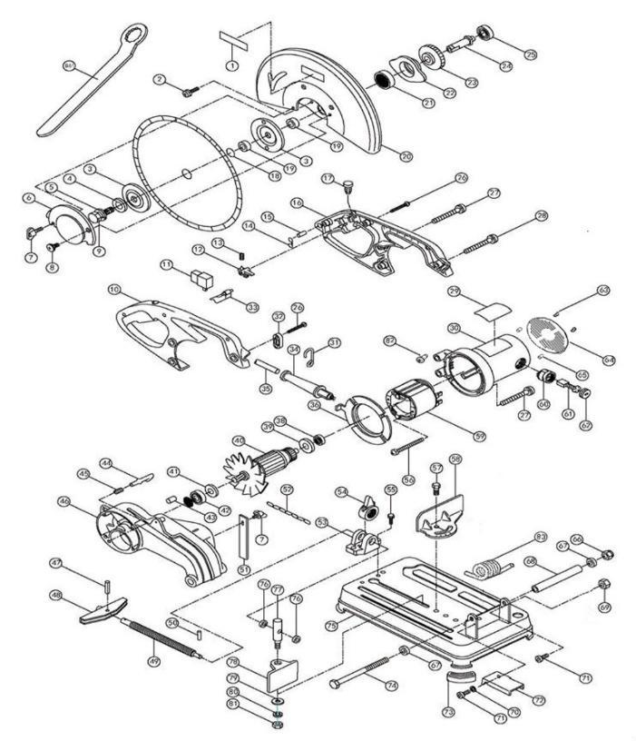 Монтажная пила DongCheng DJG04-355S, 2200 Вт, 355 мм - разборная схема