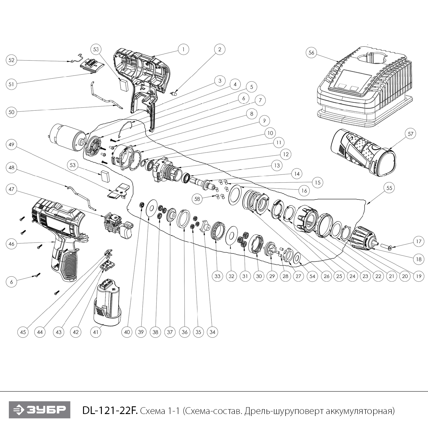ЗУБР 12 В, 40 Н·м, 2 АКБ тип Т7 (2 А·ч), дрель-шуруповерт + LED фонарь, кейс, Профессионал (DL-121-22F) - разборная схема