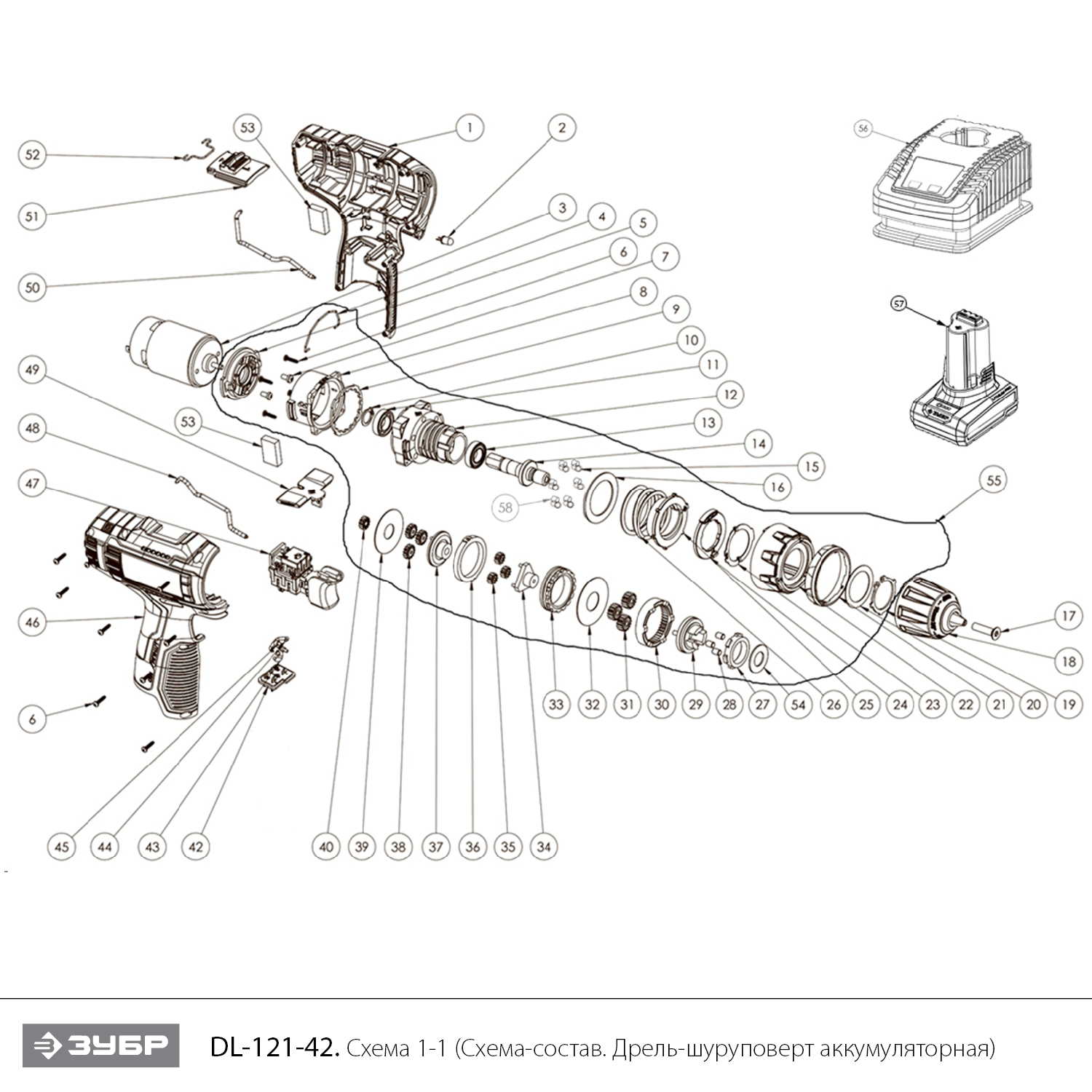 ЗУБР 12 В, 40 Н·м, 2 АКБ тип Т7 (4 А·ч), дрель-шуруповерт, сумка, Профессионал (DL-121-42) - разборная схема