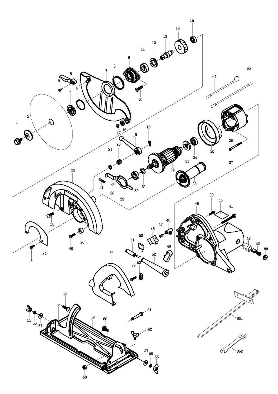 Циркулярная пила DongCheng DMY02-235, 2000 Вт, 235 мм - разборная схема