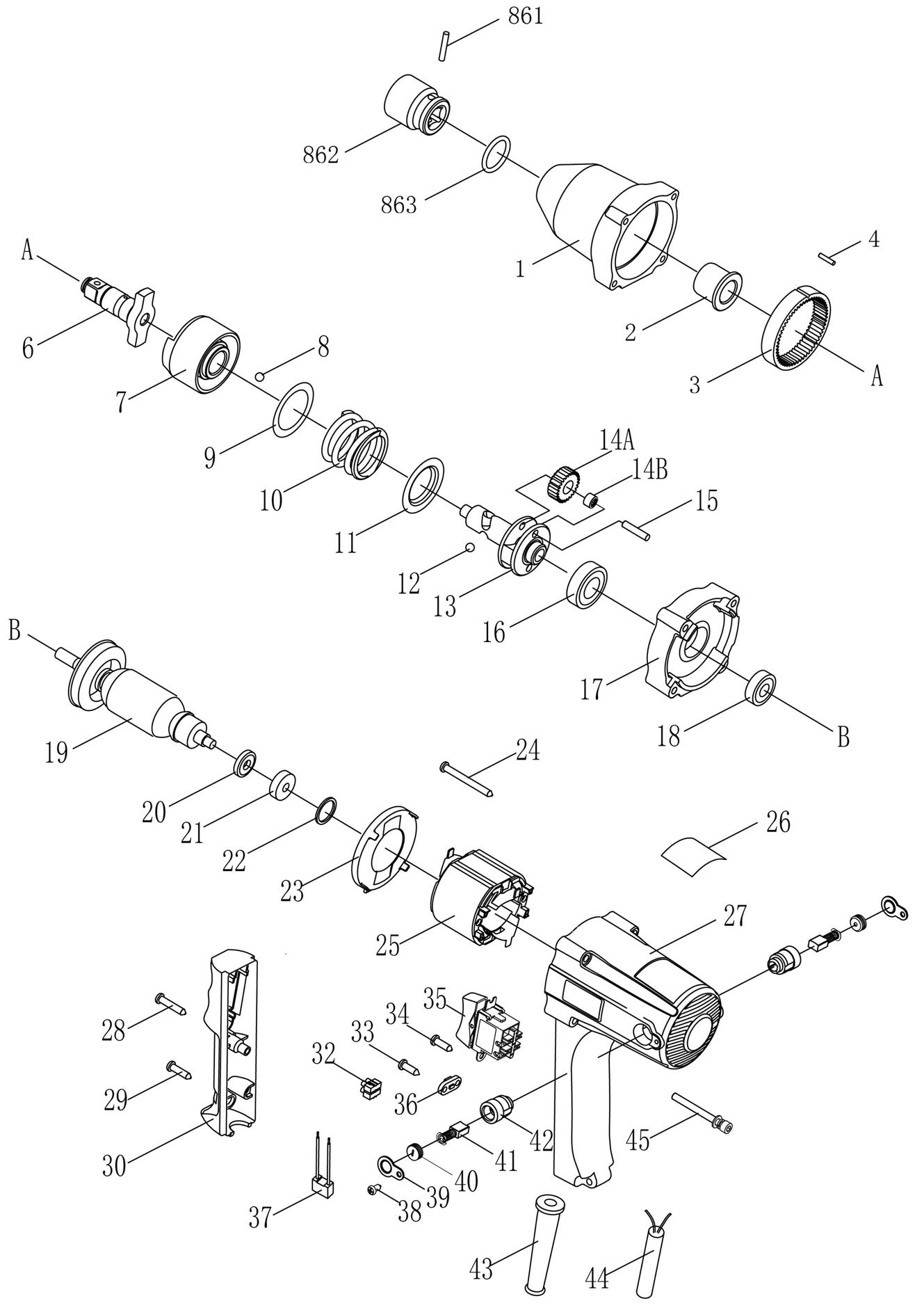Гайковерт DongCheng DPB16, 450 Вт, 300 Нм - разборная схема