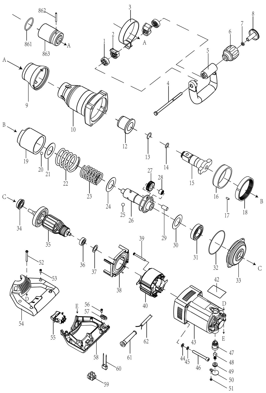 Гайковерт DongCheng DPB30, 1050 Вт, 900 Нм - разборная схема