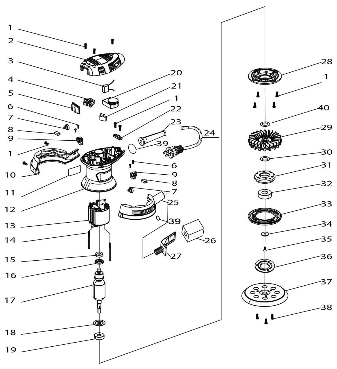 Эксцентриковая шлифовальная машина DongCheng DSA125, 300 Вт, 125 мм - разборная схема