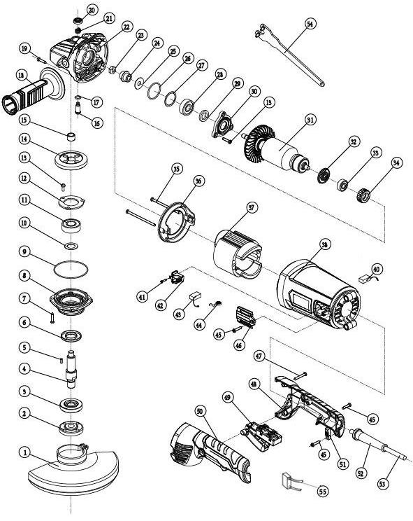 Угловая шлифовальная машина DongCheng DSM04-150, 1500 Вт, 150 мм - разборная схема